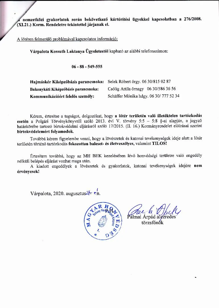  Lőtér értesítőjének kiegészítője